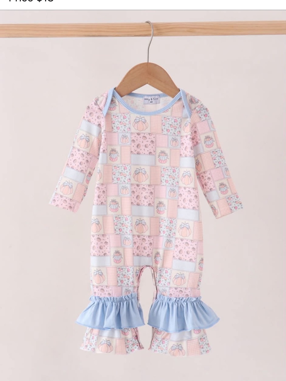 Baby Girls Pink Pumpkin Patchwork Ruffle Bodysuit with Blue Trim